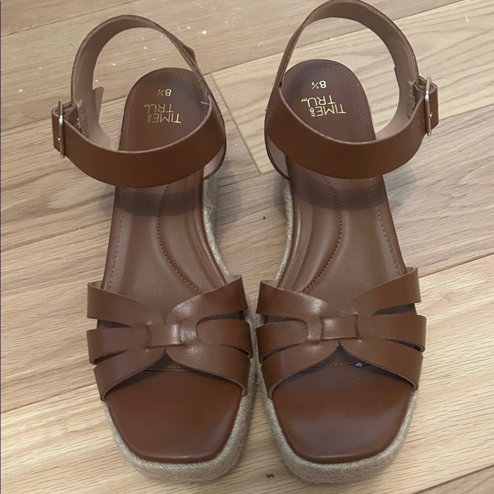 Time and Tru Tan Strappy Espadrille Wedge Sandals